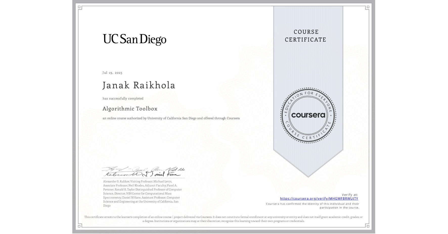 Algorithmic Toolbox certificate preview