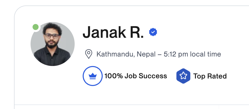 Screenshot of my Upwork profile showing a 100% Job Success record and Top Rated Plus badge
